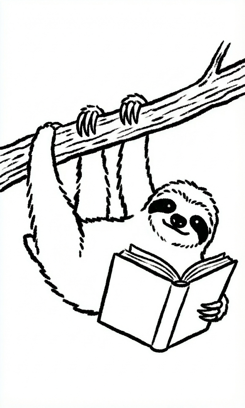 Sloth reading while hanging