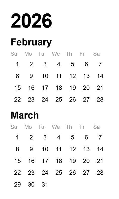 Calendar 2026 Feb-Mar