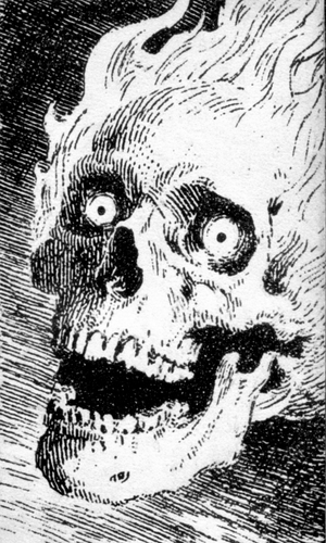 closeup smiling skull on fire