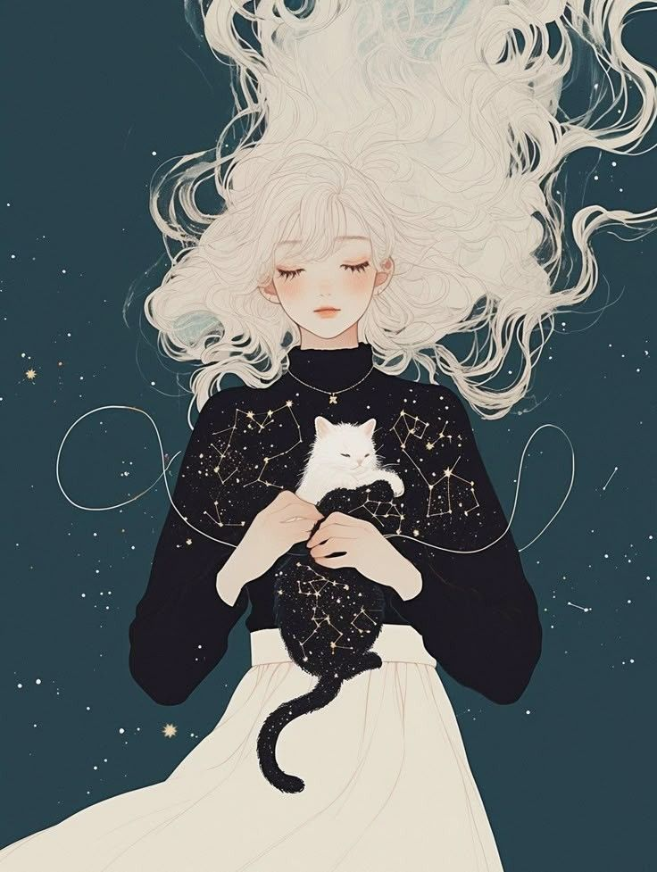 White girl with White cat